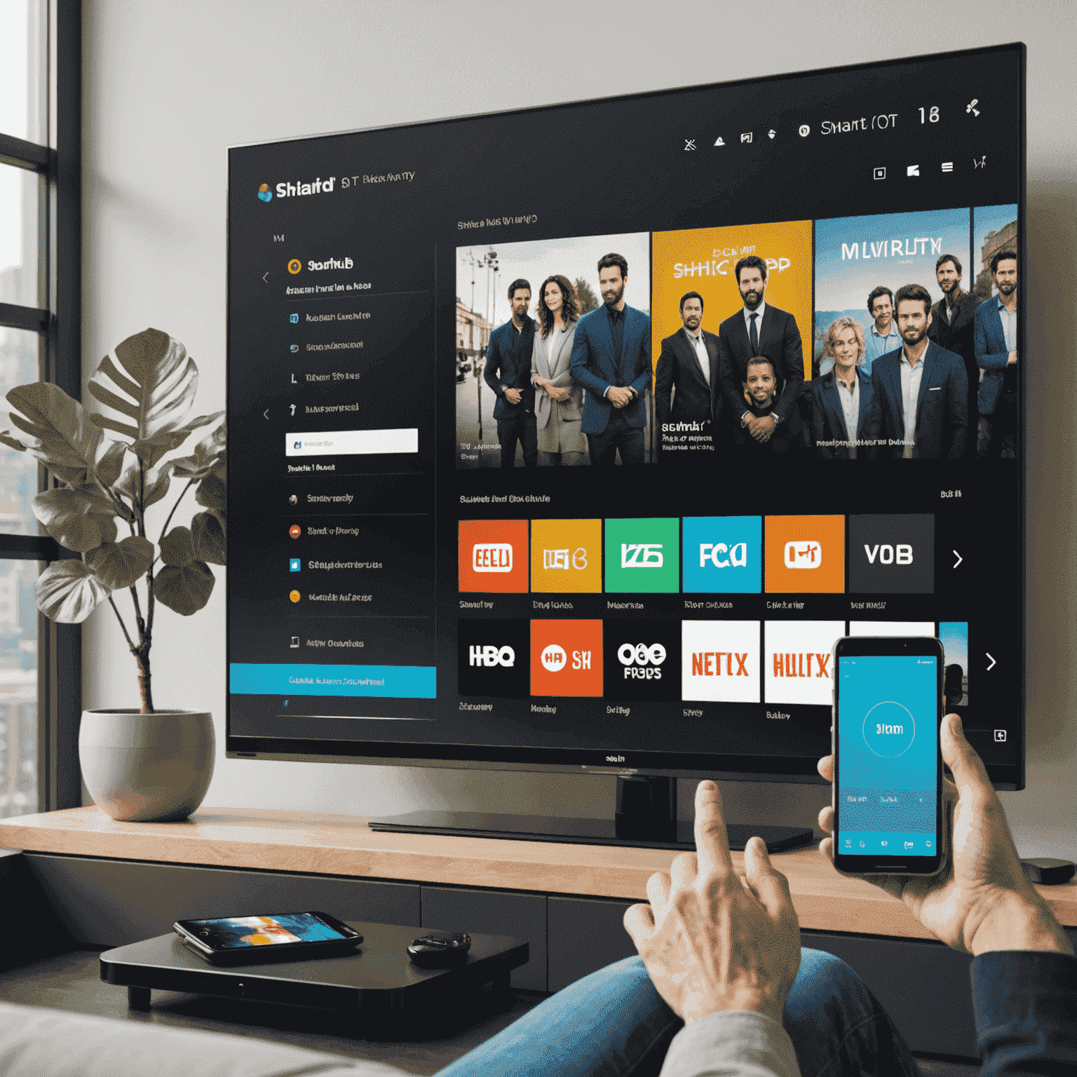 Multiple devices (Smart TV, smartphone, tablet) displaying the Shahid app interface